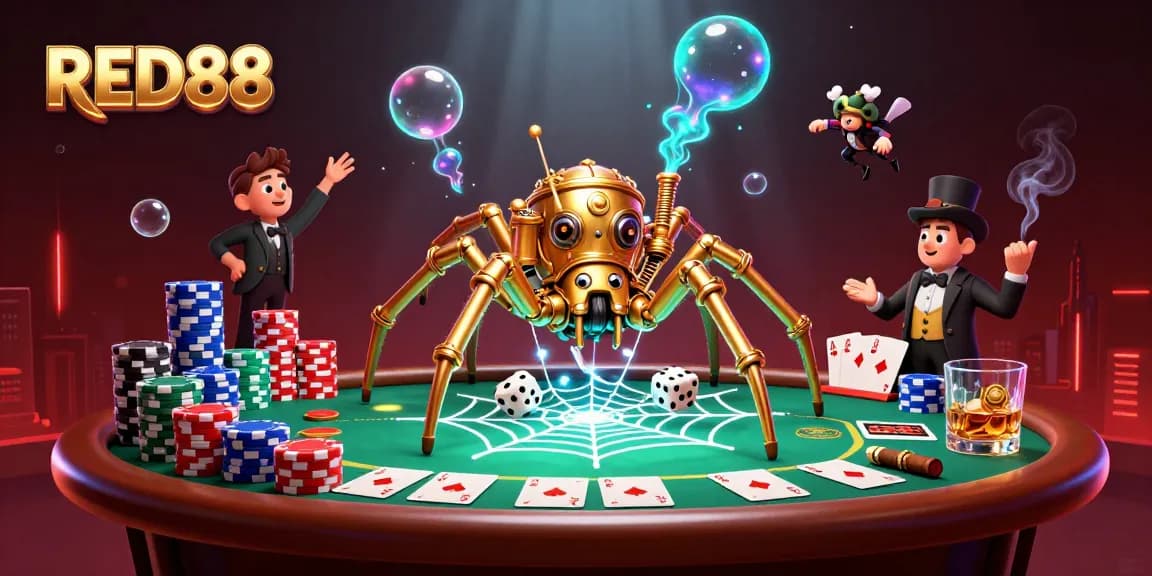 Catch the action at RED88 with a steampunk spider and poker elements in a vibrant casino scene.