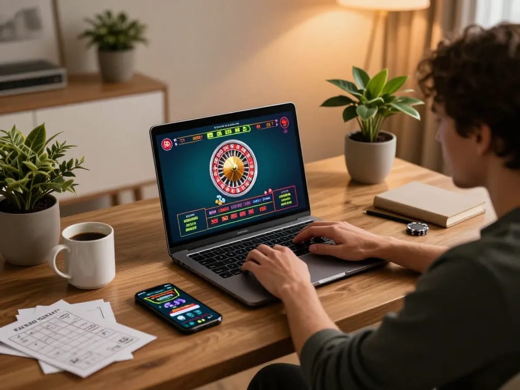 Engaged player at cm88 online casino using laptop for live dealer gameplay.