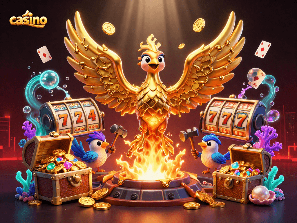 Experience thrilling casino play with a golden phoenix and vibrant slot elements.