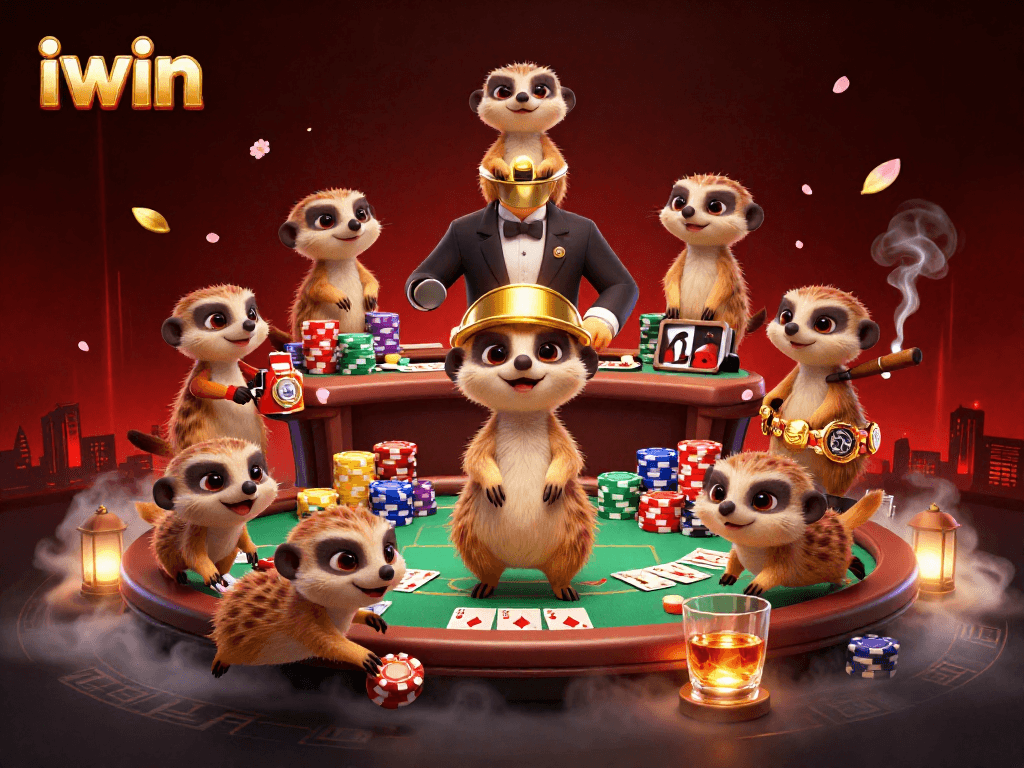 Experience iwin's thrilling casino action with meerkats managing poker games in a vibrant 3D scene.
