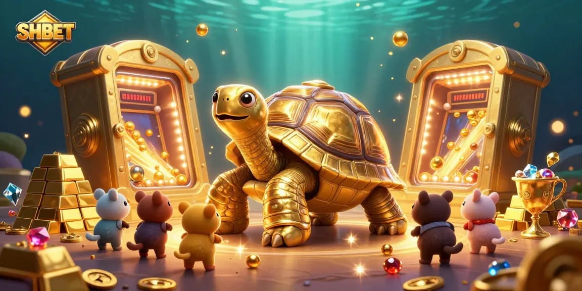 Experience thrilling gaming excitement with SHBET featuring 3D playful tortoise amidst treasures.