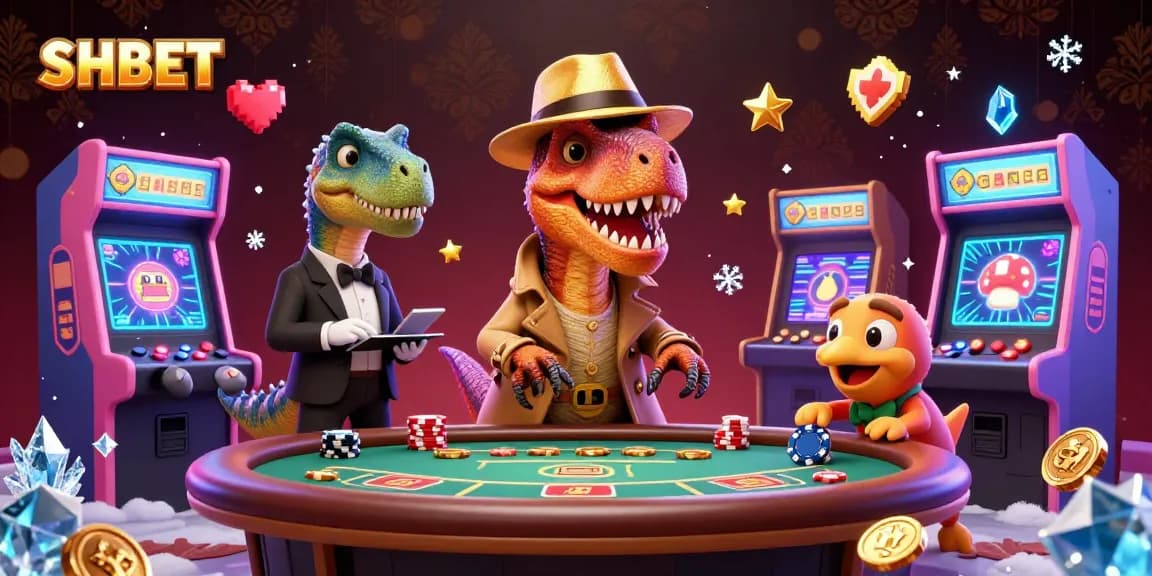 Experience excitement at SHBET with a velociraptor card counter at a vibrant blackjack table, surrounded by classic gaming elements.