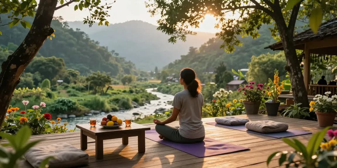 Relaxing yoga meditation scene at an Ayurveda wellness retreat in Rishikesh India featuring serene nature.