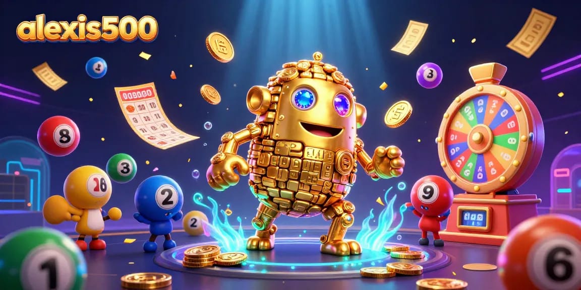 Join the excitement at alexis500 with vibrant lottery balls, golden golem, and dynamic casino elements.