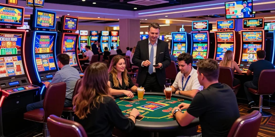 Engaged players at vibrant credit card casinos enjoying live dealer games and slot machines, showcasing modern gaming atmosphere.
