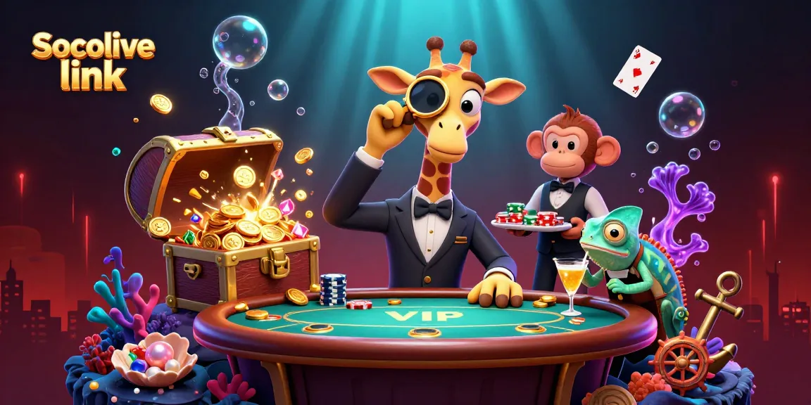 Socolive link showcases a vibrant casino scene with a giraffe playing poker in 8K quality, exuding excitement and luxury.