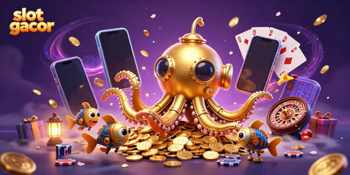 Experience slot gacor action with a golden kraken submarine amidst a sea of coins and gaming elements.