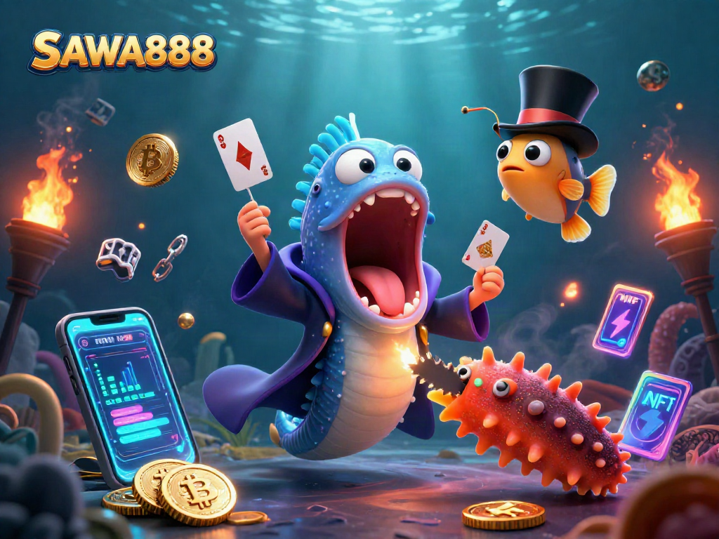 SAWA888 showcases a vibrant underwater casino scene with mystical creatures performing tricks.