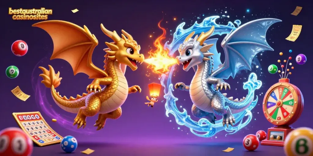 Watch the gold and silver dragons showcase fire and ice in a vibrant scene of the best PayID casinos on bestaustraliancasinosites.
