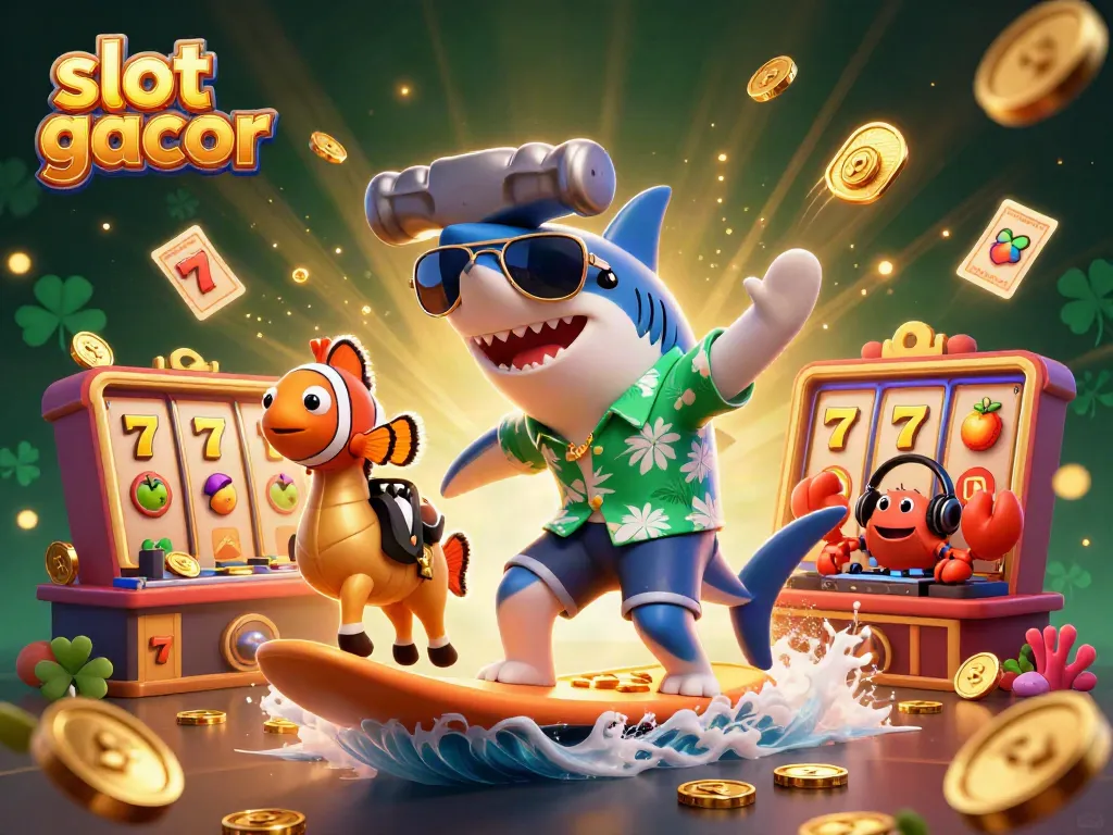 Engaging slot gacor illustration featuring a hammer-head shark, slot reels, and vibrant casino elements.
