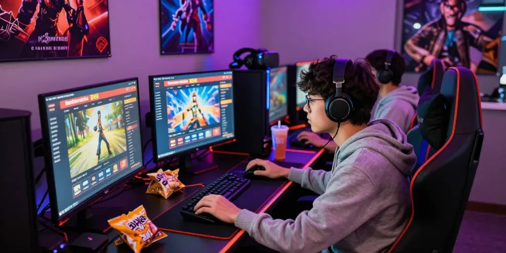 Engaged gamer exploring hotwin88 gaming options in a vibrant setup.