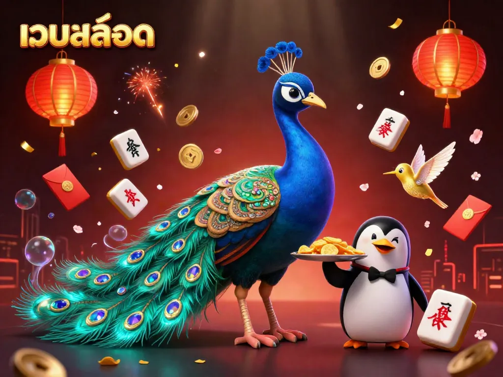 Engaging scene with the majestic เว็บสล็อต peacock and characters, representing interactive casino fun.