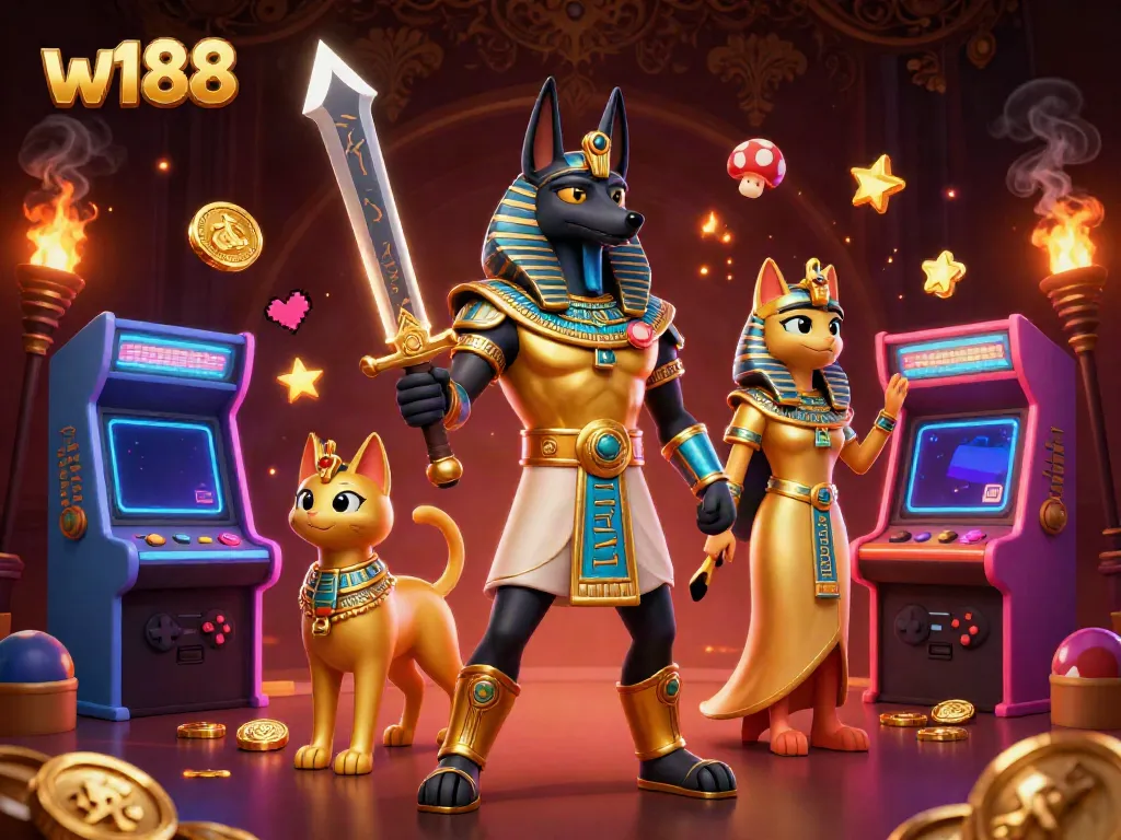 Experience thrilling games at w188 with Anubis and Bastet surrounded by glowing casino elements in a vibrant 3D scene.