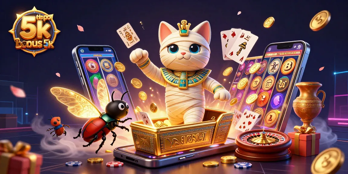 Spin reels and win at depo 5k bonus 5k site with a vibrant casino scene featuring playful characters and bonus elements.