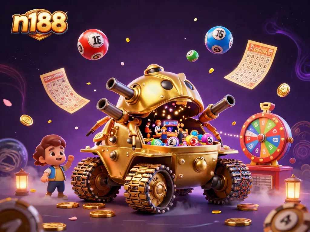 Experience thrilling activities at n188 with a vibrant display of casino elements in 3D.