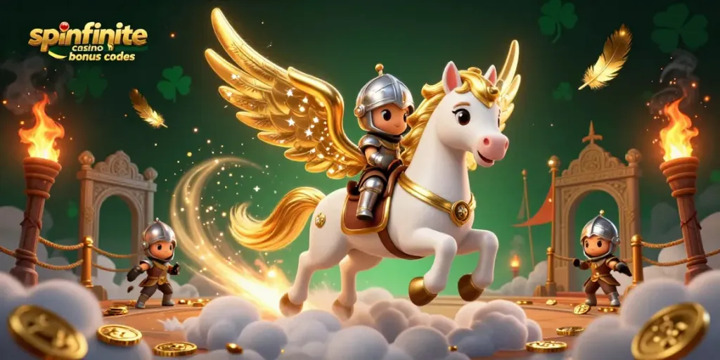 Experience the thrill of spinfinite casino bonus codes with a celestial knight riding a glowing horse in a magical casino.