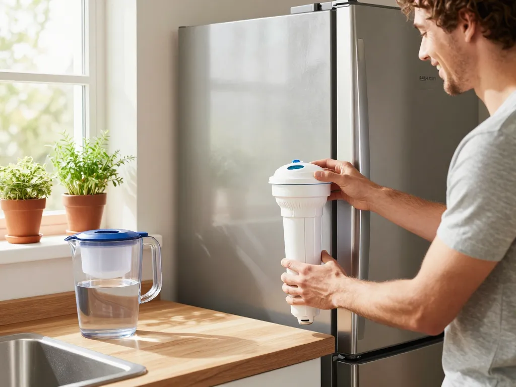 AQUA CREST 12033030 Replacement for Bosch® UltraClarity® Pro BORPLFTR50 being installed in a bright kitchen, emphasizing healthy water and home safety.