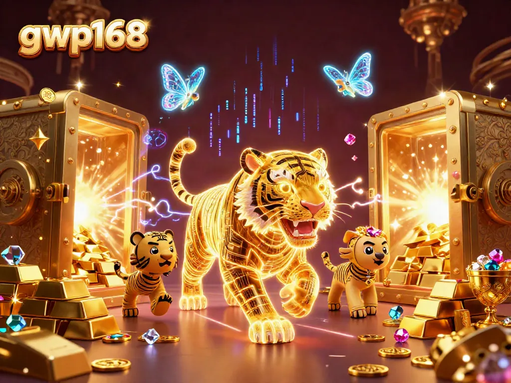 Gambarkan harimau berenergi digital di kasino sendirian, mewakili gwp168 dan kemewahan permainan judi.