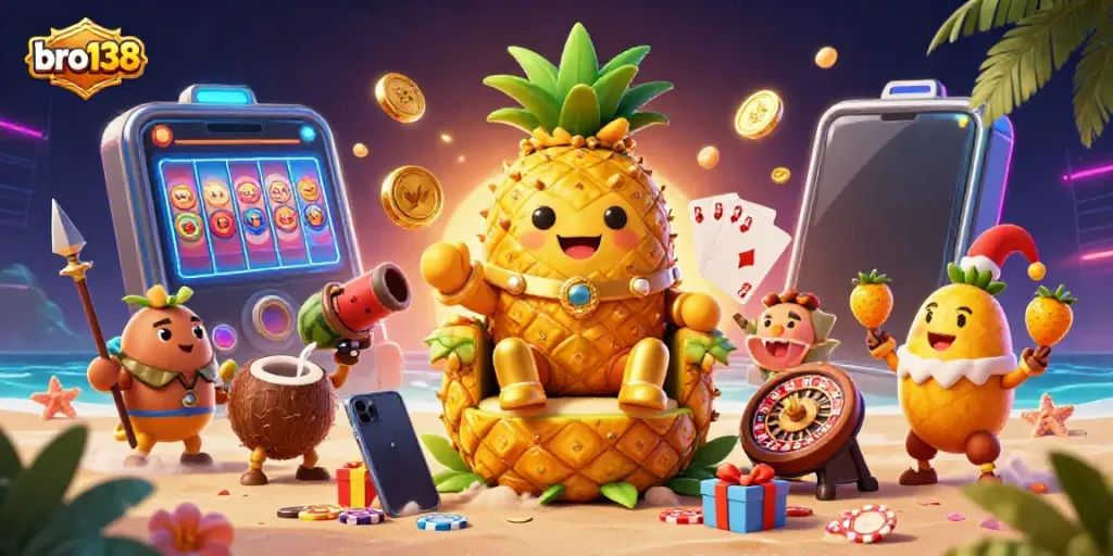 Experience vibrant gaming action at bro138 with the pineapple king and his fruity entourage in a beach casino scene.