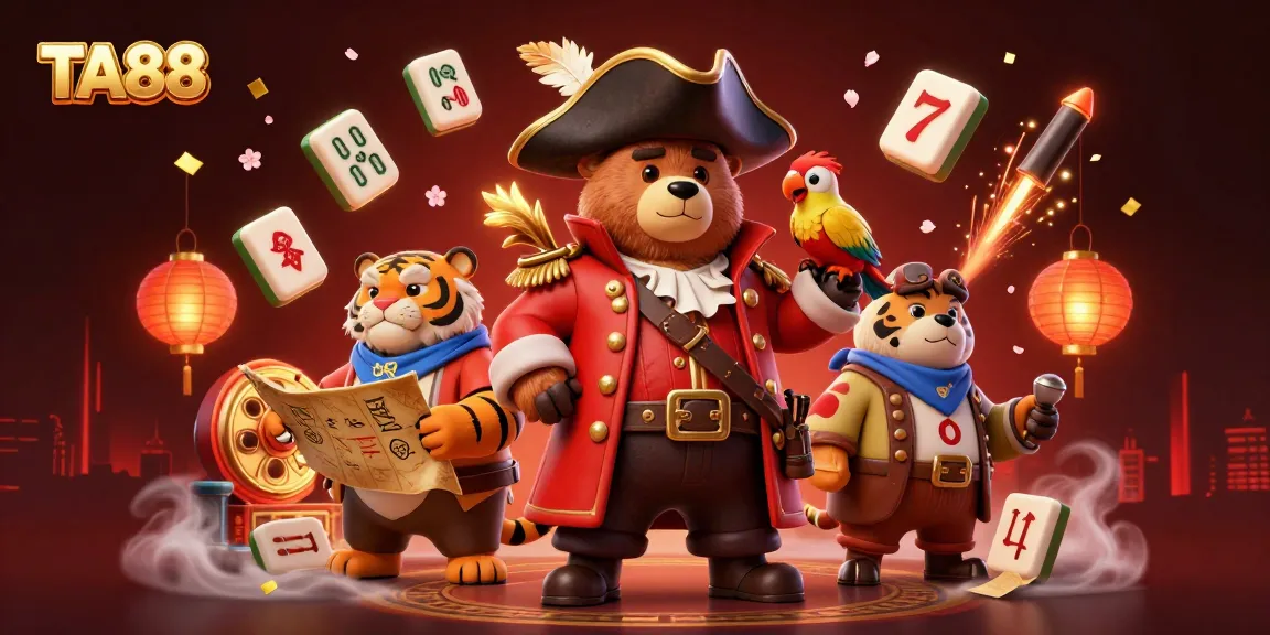 Engage in thrilling gameplay at TA88, featuring dynamic casino characters surrounded by slot reels and festive elements.