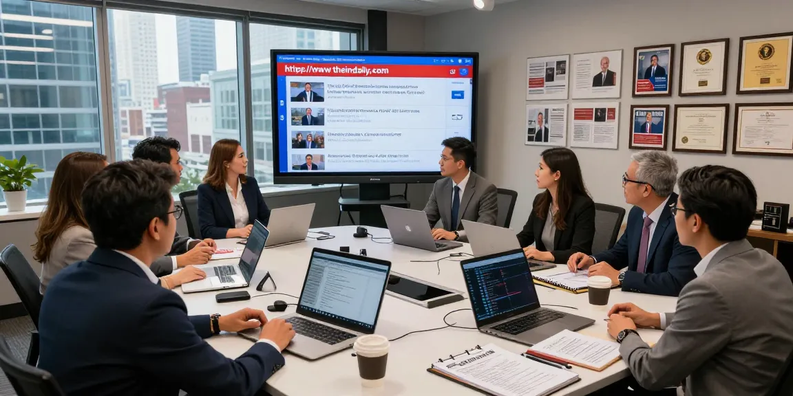 Journalists discussing news headlines from https://www.theindaily.com in a vibrant modern newsroom.