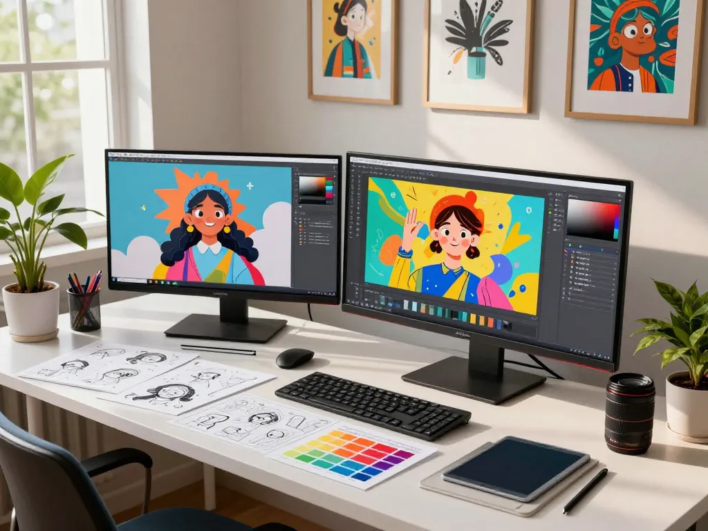 Innovative workspace showcasing a designer using nano banana 2 AI for digital art creation.