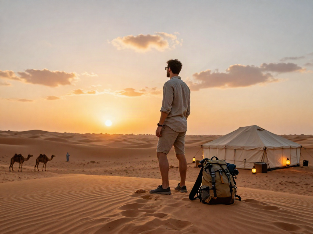 Traveler enjoying a sunset view over Dubai's desert slot, with a backpack and Bedouin tent in the background.