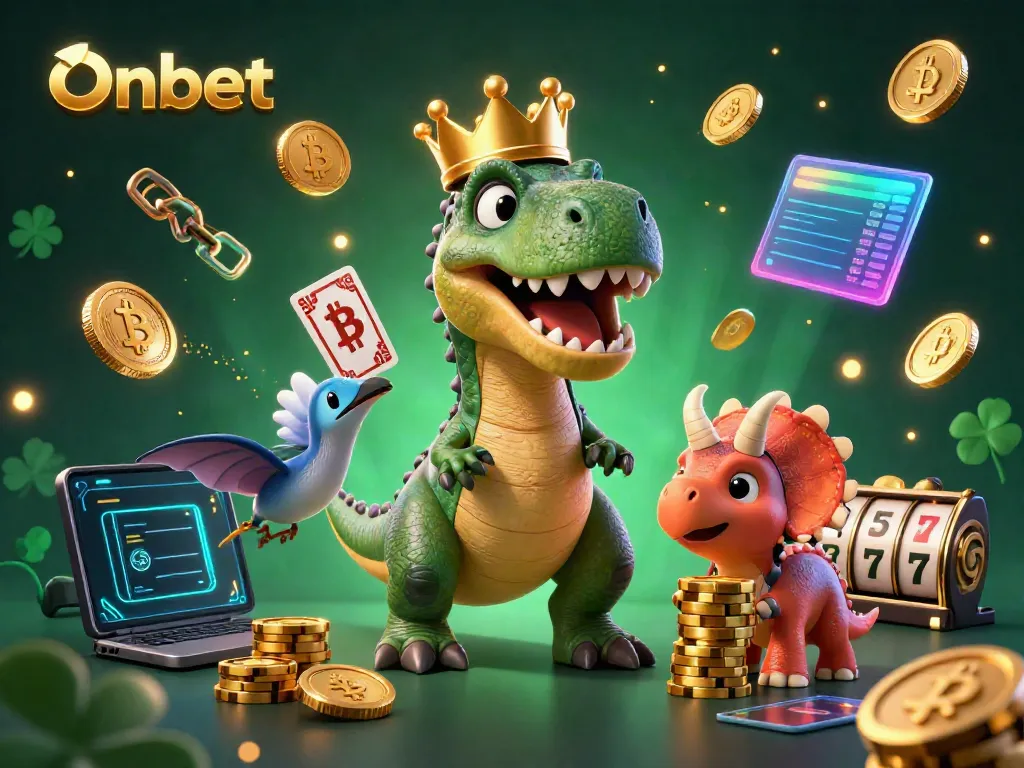 Engage with Onbet's thrilling atmosphere featuring a T-Rex card dealer and vibrant casino symbols.