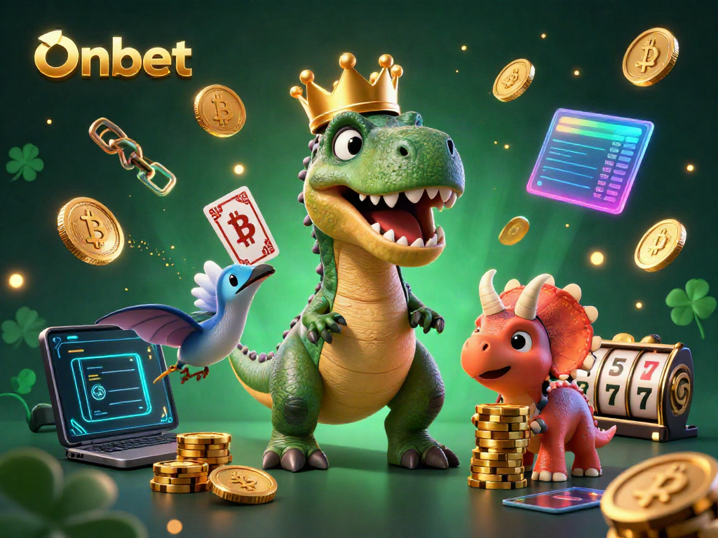 Engage with Onbet's thrilling atmosphere featuring a T-Rex card dealer and vibrant casino symbols.