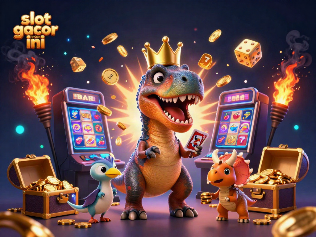 Ilustrasi slot gacor malam ini menampilkan T-Rex dan teman-teman bermain di kasino dengan slot yang meledak.