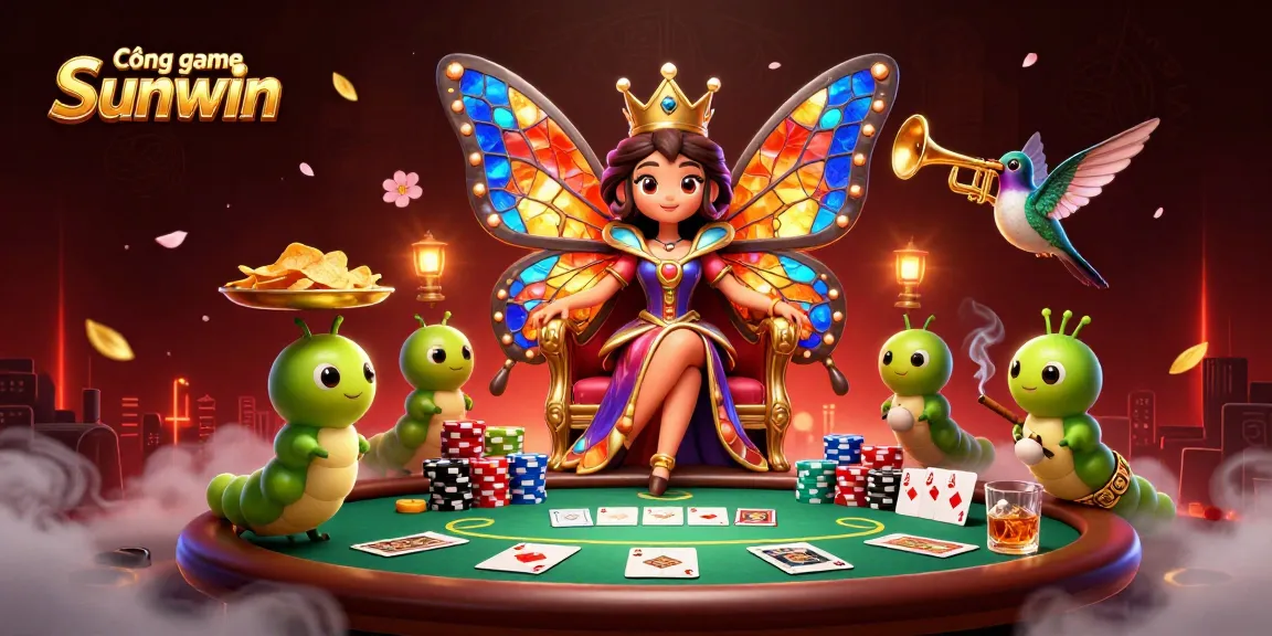 Cổng game Sunwin showcases an enthralling poker scene featuring a charming butterfly queen and vibrant poker elements.