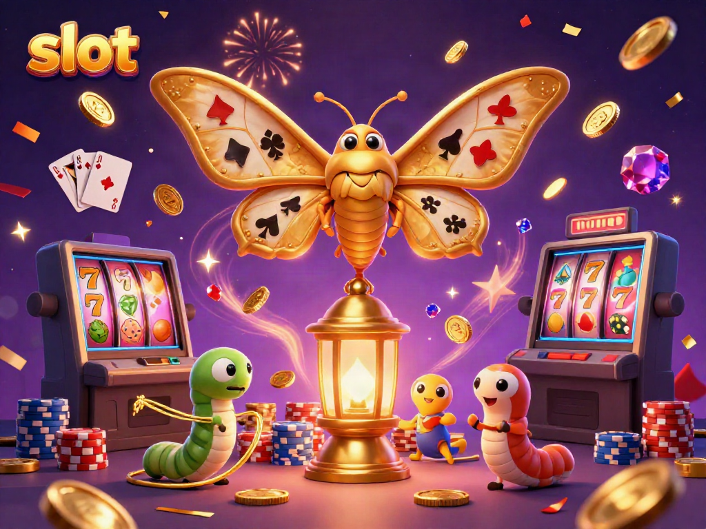 Engaging slot scene with a golden atlas moth, colorful casino elements, and dynamic imagery