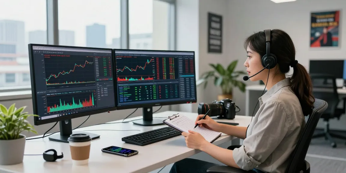 Trader wanita fokus menganalisis pasar dengan kakakjudi dalam lingkungan kantor modern yang cerah.