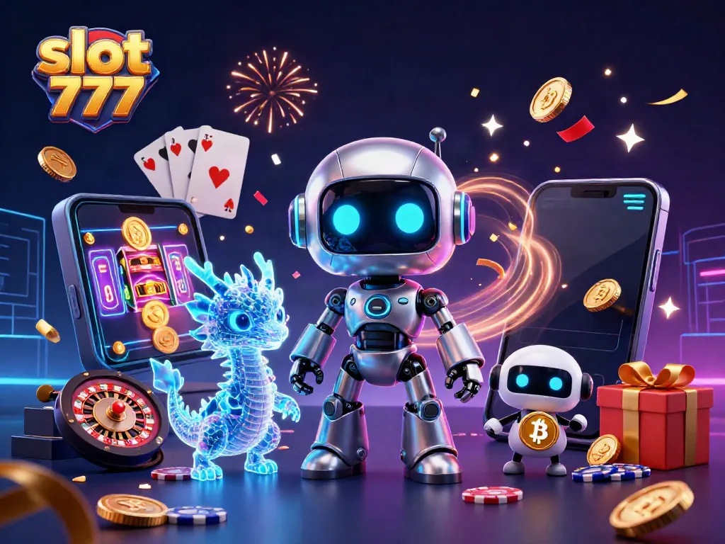 Menggoda pemain dengan slot 777 yang menampilkan robot cyberpunk, naga AI, dan simbol bitcoin.