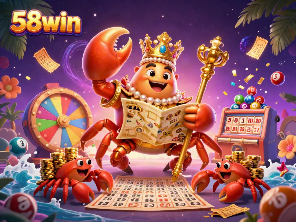 Experience the excitement at 58win with colorful lottery elements and a golden crab emperor in a vibrant casino scene.