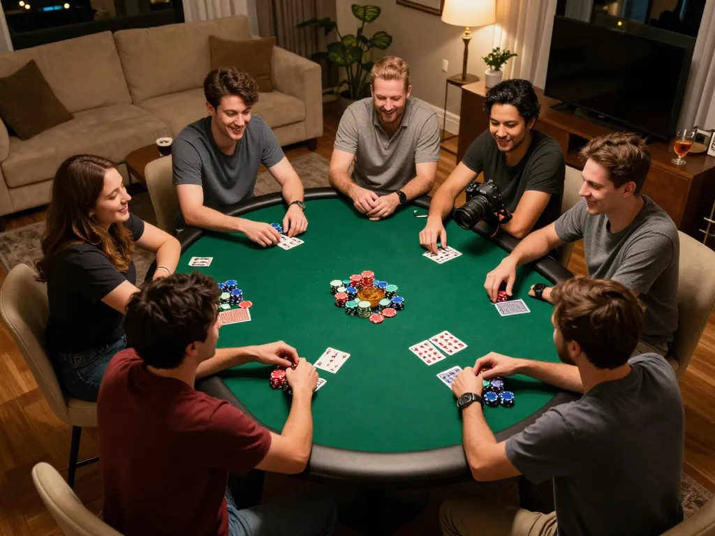 B52 home poker night with friends featuring vibrant gameplay, social atmosphere, and cozy lighting.