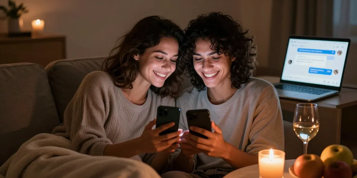Sexting AI interaction between a couple on their smartphones in a cozy environment, showcasing playful intimacy.
