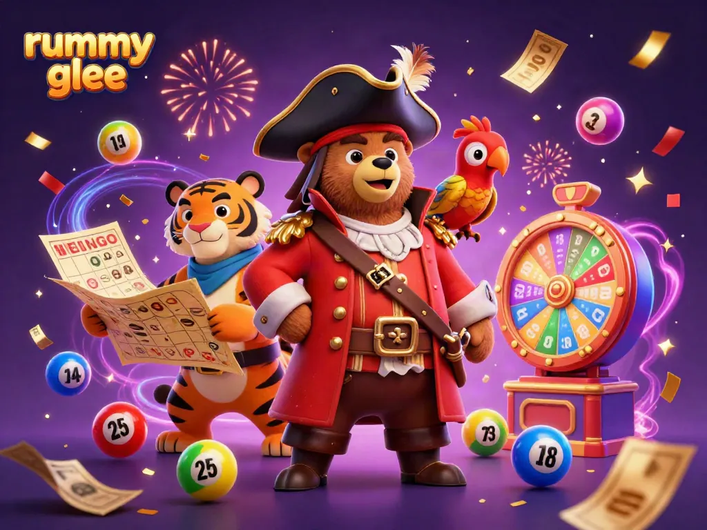 Rummy glee menyajikan ilustrasi 3D dengan karakter unik, bola lotere berwarna, dan suasana meriah.