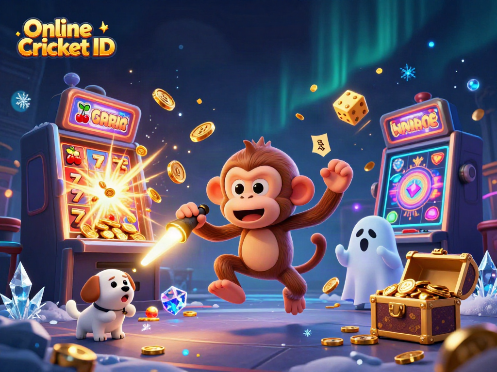 Engage with Online Cricket ID in a vibrant casino scene featuring a playful poltergeist monkey juggling gold.