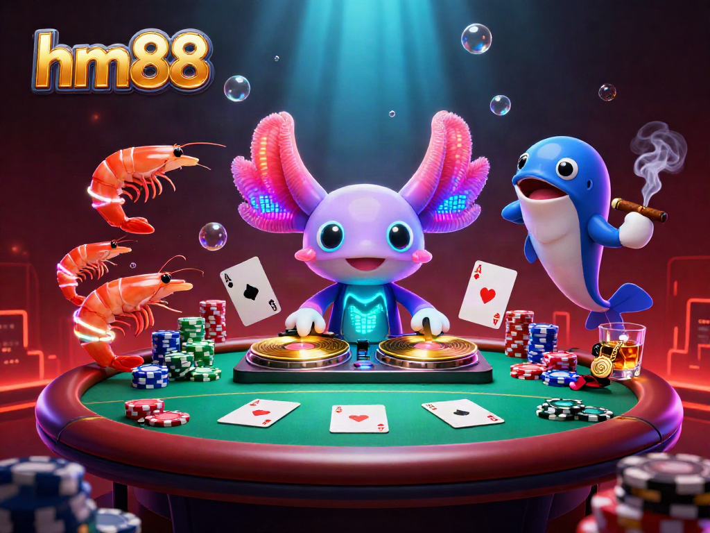 Experience the excitement of hm88 with vibrant characters and dynamic poker elements in a colorful casino scene.