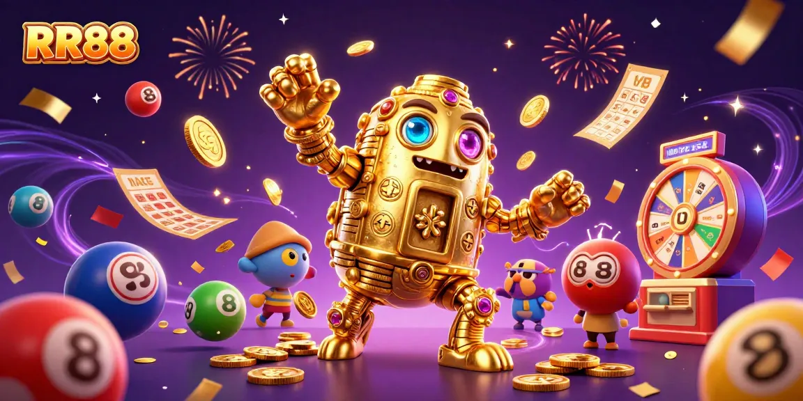 Experience the thrill of RR88 with a dynamic 3D scene of a golden golem amidst colorful gaming elements.