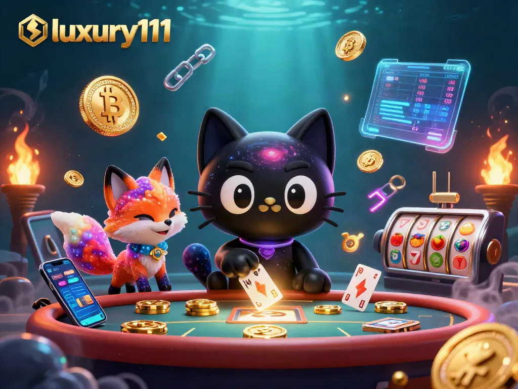 Play with luxury111 at a dynamic cosmic casino table, featuring vibrant characters and gambling elements.