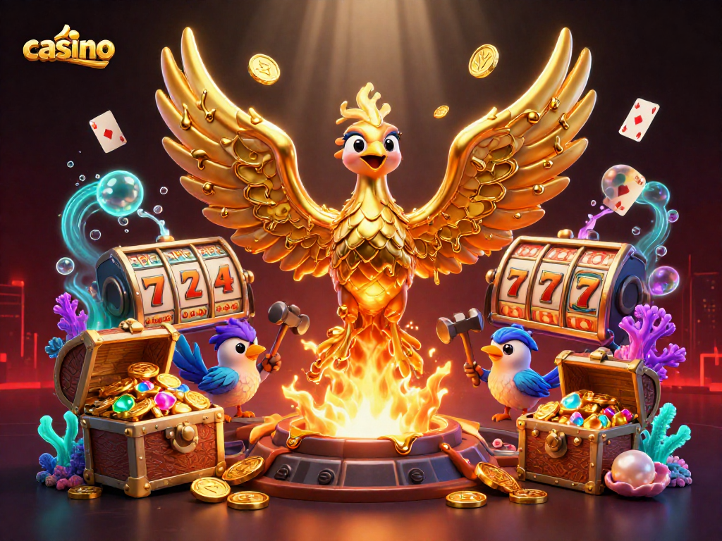 Experience thrilling casino play with a golden phoenix and vibrant slot elements.