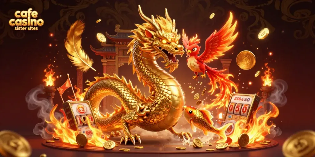 Cafe casino sister sites showcase a fierce golden dragon and a lucky koi fish amidst vibrant casino elements.