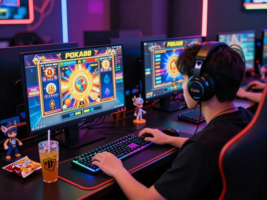 Pemain menikmati permainan online POKA88 dengan grafik slot yang hidup dan atmosfer yang fokus.