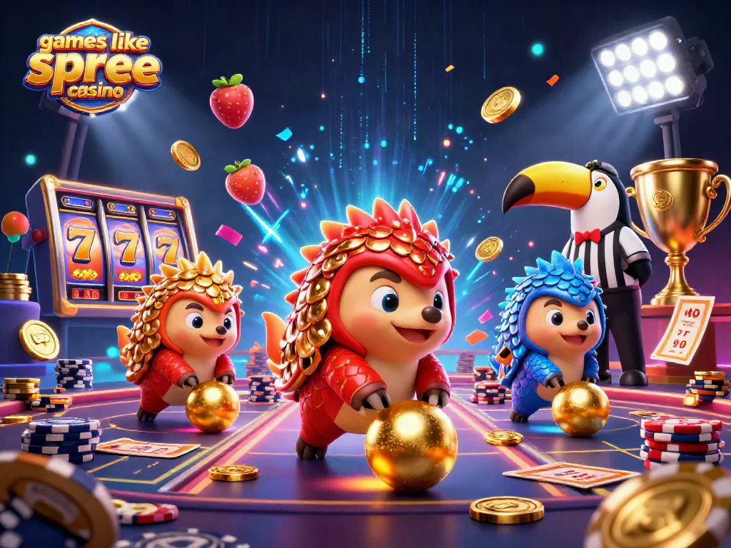 Engage with games like Spree Casino through a thrilling 3D competition scene featuring pangolins and slot reels.