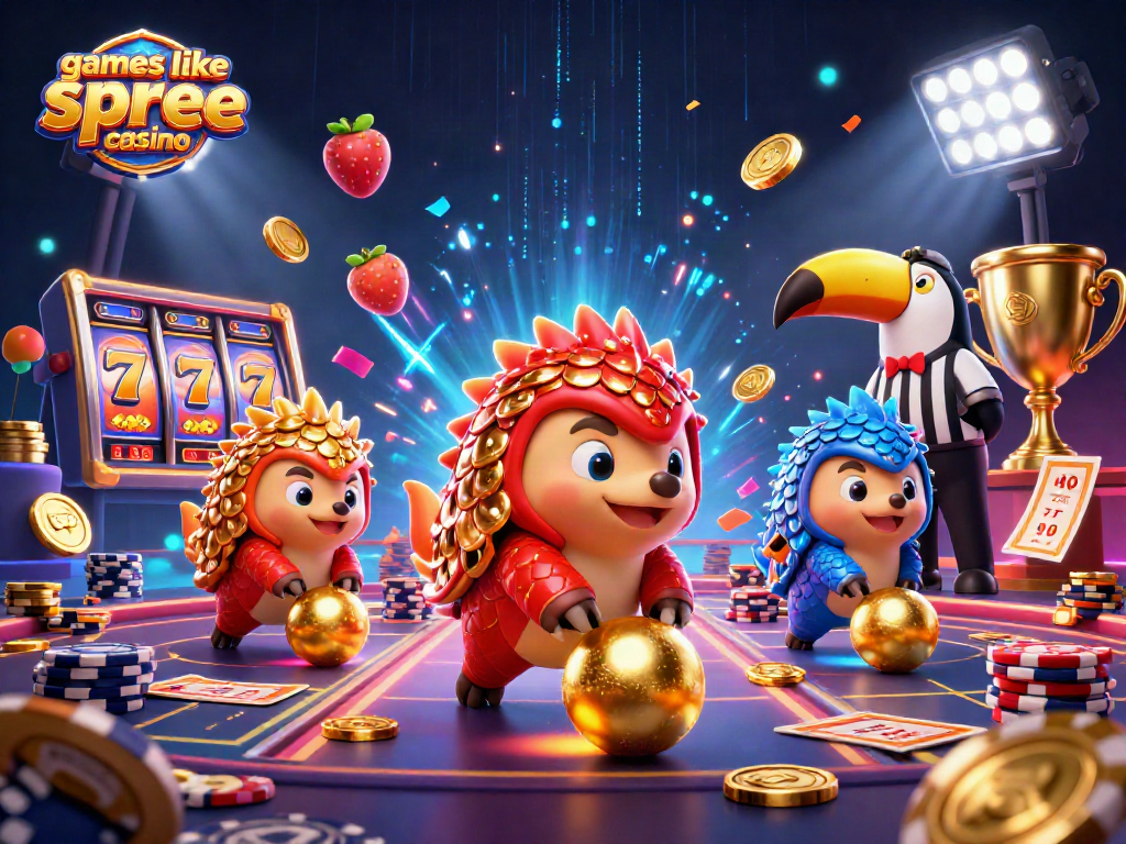 Engage with games like Spree Casino through a thrilling 3D competition scene featuring pangolins and slot reels.