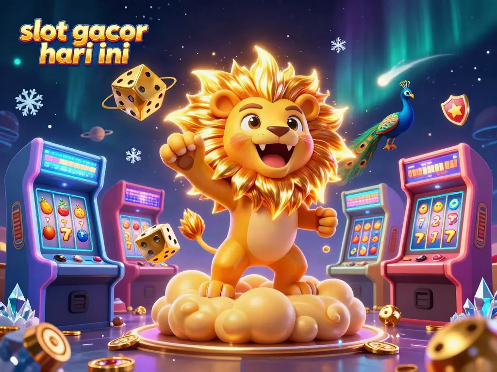 Ilustrasi slot gacor hari ini dengan singa matahari 3D dan elemen permainan kasino yang meriah.