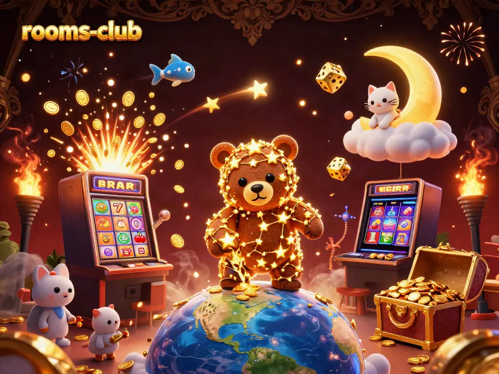 Permainan seru di rooms-club dengan ilustrasi beruang bintang dan mesin slot yang melimpah koin.