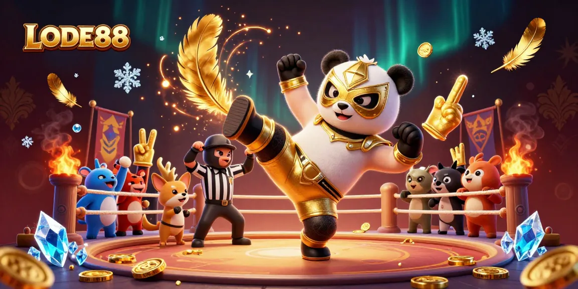 Exciting LODE88 casino scene with a panda wrestler and cheering animal fans amidst gold coins and vibrant effects.